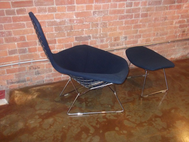 WOWZA!! Original "Bird chair & ottoman" designed by Harry Bertoia for Knoll - design year 1952 - welded steel rod with dark navy blue upholstery - all original and in excellent condition - $2600