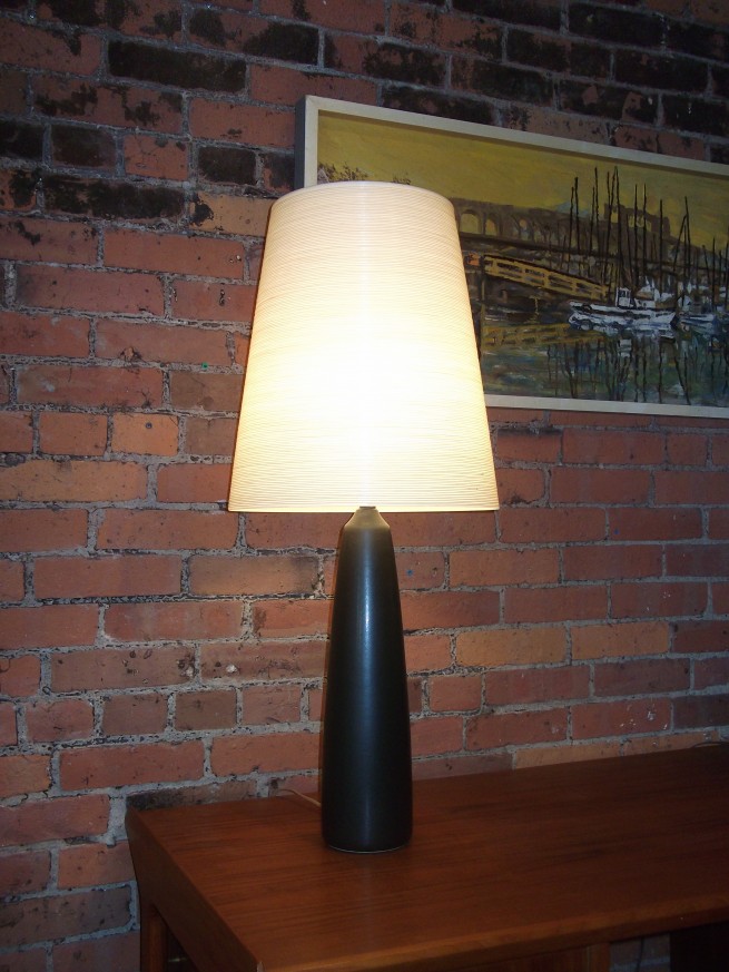 Early Lotte & Gunnar Bostlund charcoal grey ceramic lamp with an original fiberglass shade - A Mid-century classic - looks great in any home - this beauty stands 34" - $350