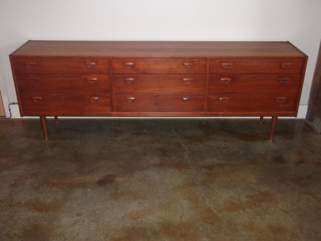 Rare Kai Kristiansen 9 drawer teak dresser - made in Denmark circa 1960's - features his signature eyelid pulls and dovetailed drawers - 89.25"L x 17.25'D x 29.5"H - (SOLD)