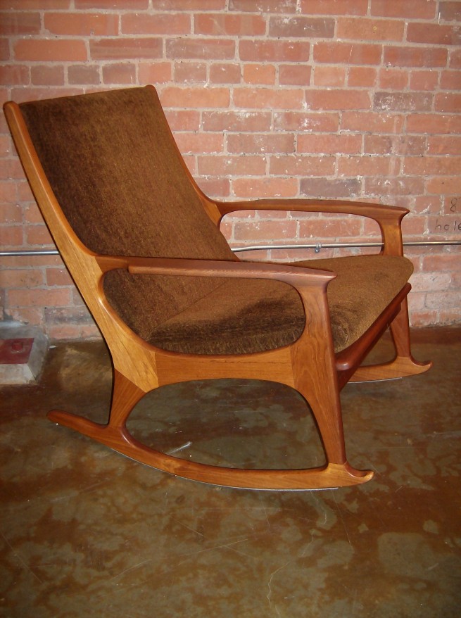 Outstanding Mid-century modern teak rocking chair by R.Huber & Co - recently reupholstered in a tasteful chocolate fabric - comfortable and it looks amazing - need I say more - very good condition - (SOLD)