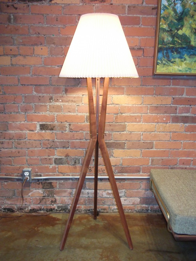 Outstanding Mid-century teak tripod floor lamp w/ it's original shade - quality construction - all solid brass fittings - stands - 60"H - (SOLD)