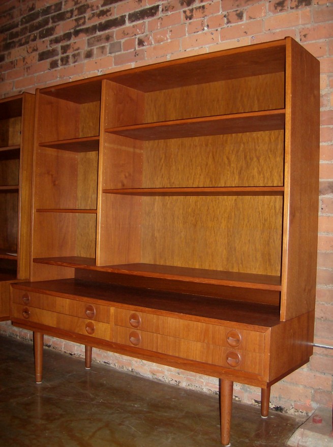 Unique and Spectacular Danish teak book case atop a 4 drawer cabinet - quality solid wood construction - use together or separate for different uses - $895
