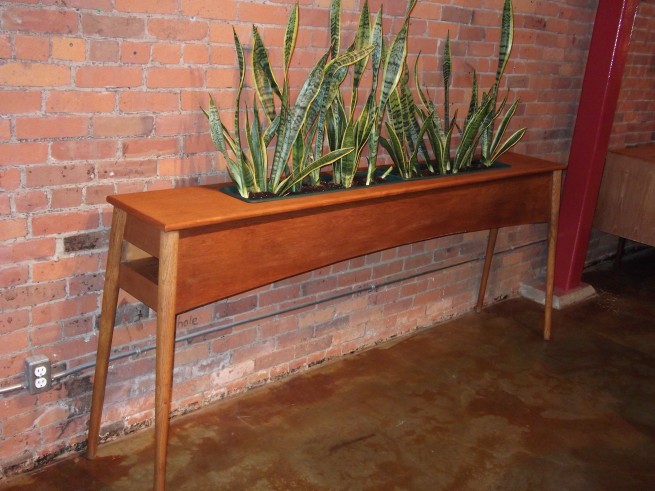 Exceptional Mid-century modern teak/oak planter/ room divider – comes with snake plants – super hardy – low maintenance – SUPER RARE FIND!! – this beauty measures – 87″L x 13.5″D x 35.5″H – $1,200