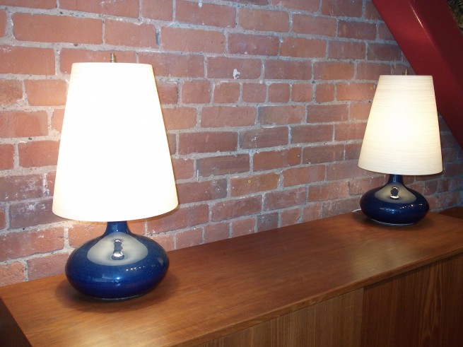 Stunning pair of Mid-century ceramic lamps by Lotte & Gunnar Bostlund - gorgeous cobalt blue - original shades - these beauties stand - 19.5"H - (SOLD)