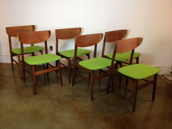 Outstanding set of 6 Mid-century modern teak dining chairs - newly re-finished and upholstered in a fabulous kiwi green felted wool - $1800/set
