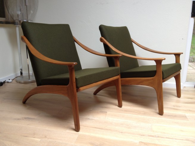 Sweet pair of Arne Hovmand Olsen chairs restored with Kvadrat wool (SOLD)