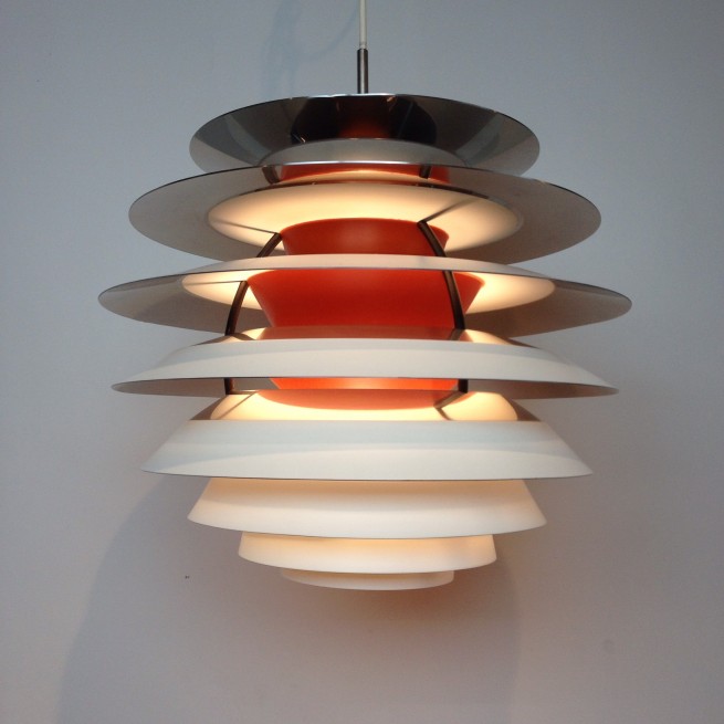 Exceptional Mid-century modern "Kontrast Pendant" light designed byPoul Henningsen for Louis Poulsen - a Mid-century Masterpiece, a brilliant design with no glare light - the bulb in the center is adjustable vertically - due to this lamp being super complicated to make and expensive they stopped production in the seventies - very good vintage condition - $2200
