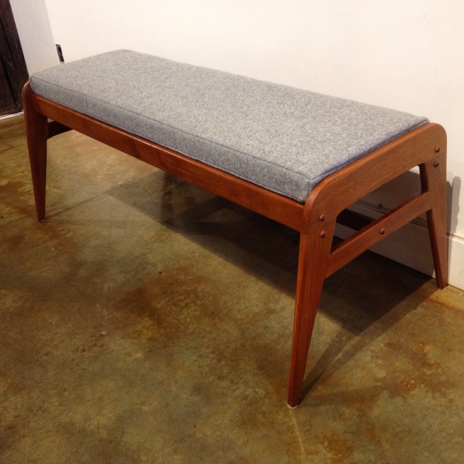 Fabulous hard to find 1960's Teak Bench - newly restored with quality natural latex foam and upholstered in a lovely light grey 100% wool by Kvadrat - would make a fabulous entry bench or how about at the end of your bed - - 49.5"L x SD - 15" x Leg D - 22" x SH - 20" - (SOLD)