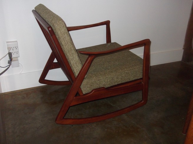 Spectacular Mid-century teak rocking chair - completely re-furbished - new strapping, foam and upholstery - $990
