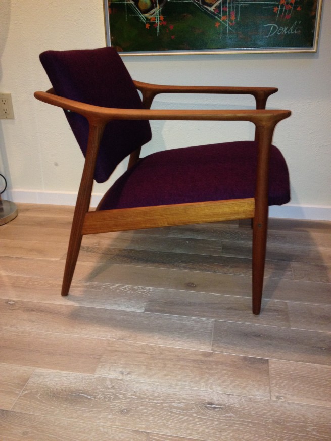 Exquisite 1950's teak easy chair designed by Torben Afdal - Made in Norway - incredible sleek design - gorgeous craftsmanship - newly re-finished and upholstered in a stunning Kavdrat 100% wool in Raspberry Melange - $975