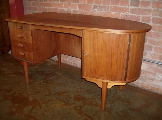Outstanding 1960's Danish desk - by H.P. Hansen - Denmark - quality craftsmanship - solid wood dovetailed drawers - 2 doors on the front and the back that open to reveal shelves and a curved drawer - (super unique) you really have to see it!!! or ask for pics!!- check out the back in the second pic - the bookshelf and the 2nd door - a truly amazing piece - measures -