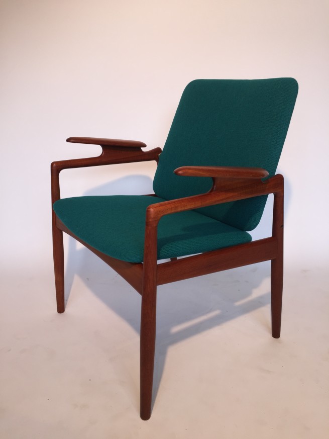 Exquisite Early Scandinavian Modern teak arm chair - completely restored - wood is impeccable and we chose a stunning teal fabric that would add a gorgeous punch of richness to any room - $1000