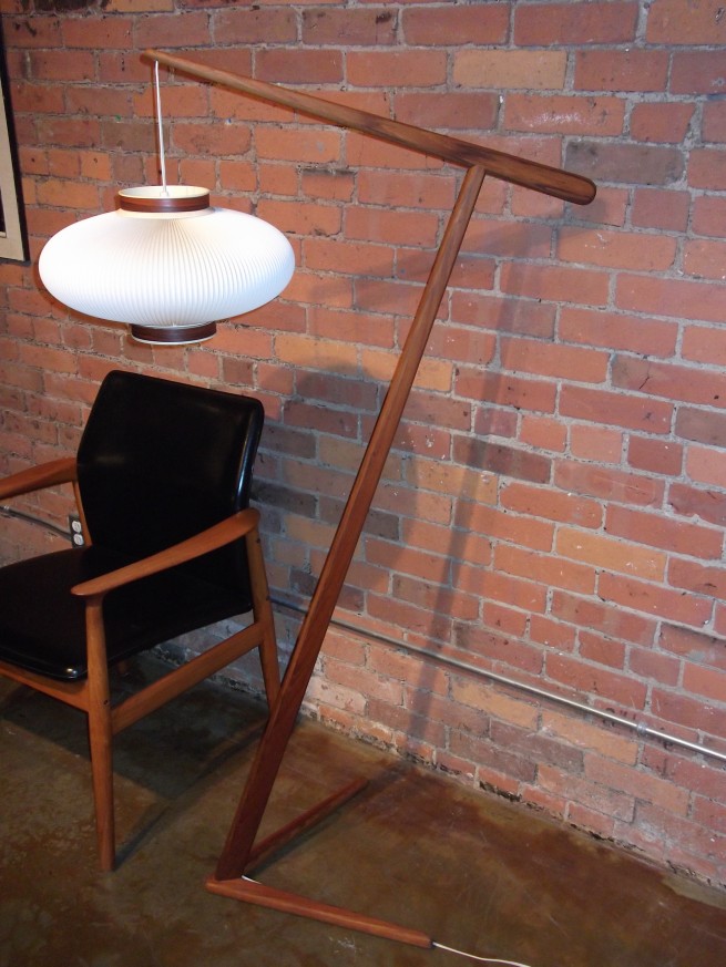 Outstanding teak floor lamp with vintage ribbed shade - incredibly unique - bound to make a design statement in any room - this beauty stands 62" tall - (SOLD)