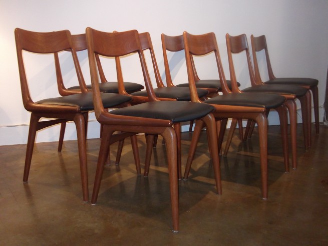 Extraordinary set of 8 1950's boomerang teak dining chairs designed by Erik Christiansen for Slagelse Mobelvaerk - new foam & upholstery - outstanding craftsmanship - RARE to find a set of 8 - $4000/set