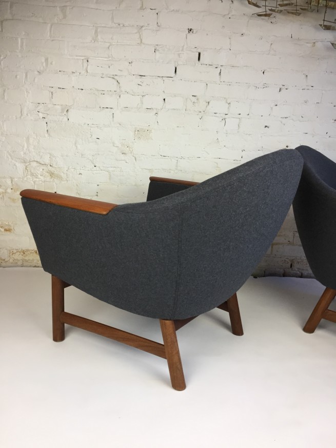 Exceptional Pair of 1950's Norwegian living room chairs - newly upholstered in a lovely grey wool with a natural latex seat for incredibly comfy seating - $3850/Pair
