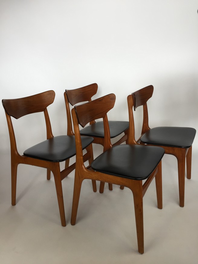 Gorgeous set of 4 Daniish teak dining chairs with black vinyl seats by Schionning and Elgaard for Randers circa 1965 (SOLD)