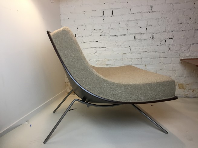Classic Iconic 1950's lounge chair Designed by Architect /Professor A.J. Donahue - Canadian Modernism at it's best - newly restored from the back to the feet, new high quality foam and upholstered in a gorgeous high quality fawn color boucle fabric - very comfy - $2500