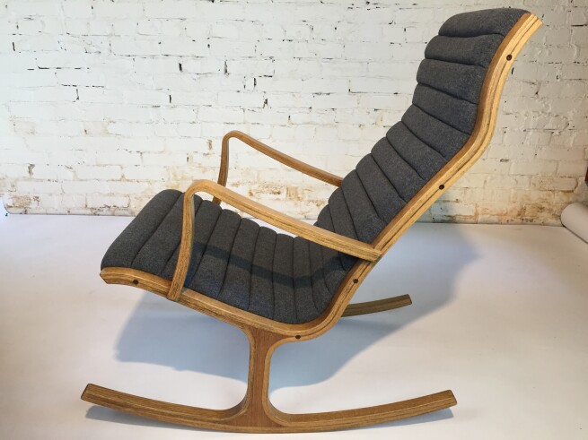 Exquisite Mid-century Modern bentwood "Heron" rocking chair designed by Mitsumasa Sugasawa for Tendo Mokko circa 1966 - Japan - completely restored with new straps /foam and upholstered in a gorgeous medium grey wool by Maharam (SOLD)
