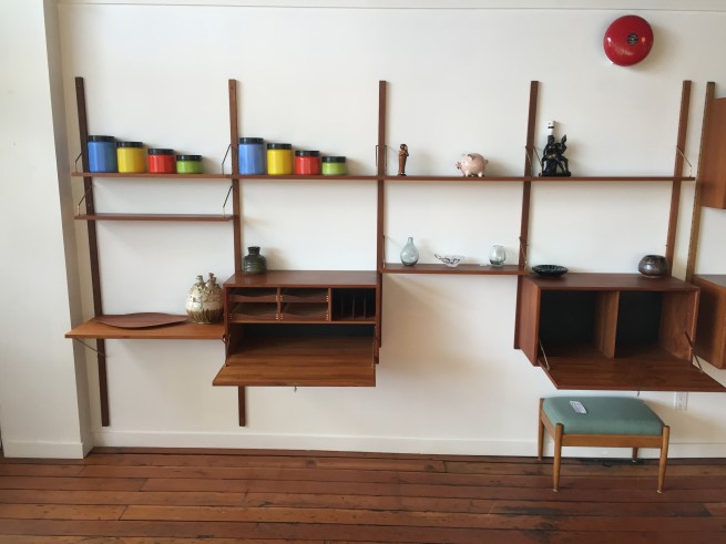 1960's Danish Modern wall system by Poul Cadovius - Made in Denmark - very nice condition with some re-finishing on the larger drop down desk /cabinet pieces - a perfect piece for the minimalist - e-arrange the shelving and the cabinets to suit your space and style - measures - 126"L x 14.75"D x 78"H -(SOLD) can be viewed in person at our Mason street location :)