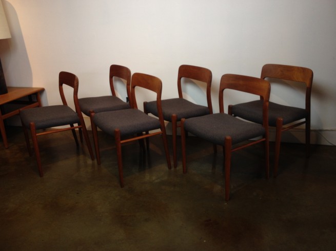 Stunning set of 6 teak dining chairs designed by Niels Moller for J.L. Moller - made in Denmark - model #75 - newly upholstered in a lavender grey Kvdrat wool - $3000/set