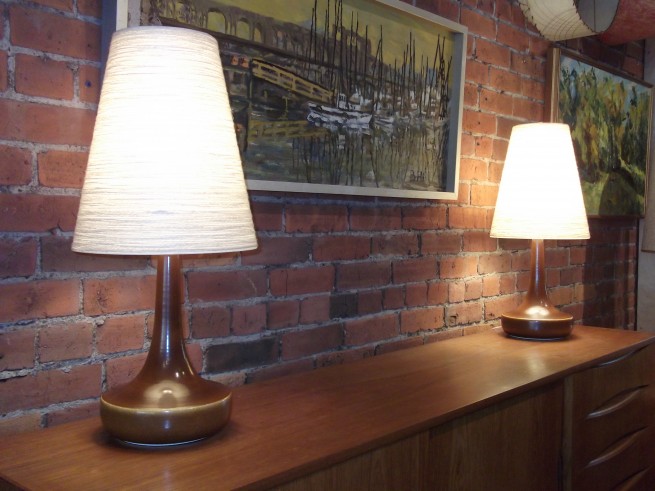 Early vintage pair of Lotte lampsw/original fiberglass and spun cord - designed & crafted by husband & wife team Lotte & Gunnar Bostlund these beauties stand 24" tall - $600/pair