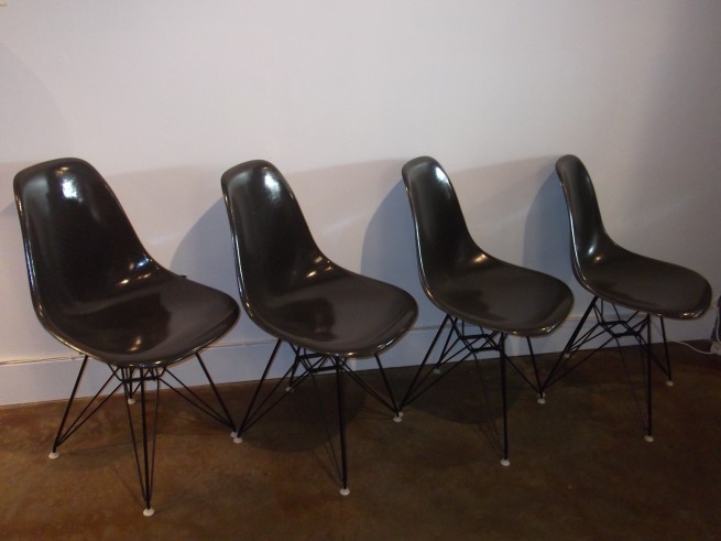 Set of 4 Vintage Original charcoal grey fiberglass shell chairs on the super popular rare eiffel tower base - designed by Charles and Ray Eames for Herman Miller (SOLD)