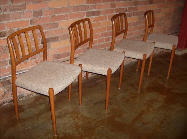 Exceptional Danish teak dining chairs designed Niels Otto Moller for JL Moller -model #83 - original fabric seats in very good condition - outstanding craftsmanship as all Moller chairs are - $1,850/set of 4