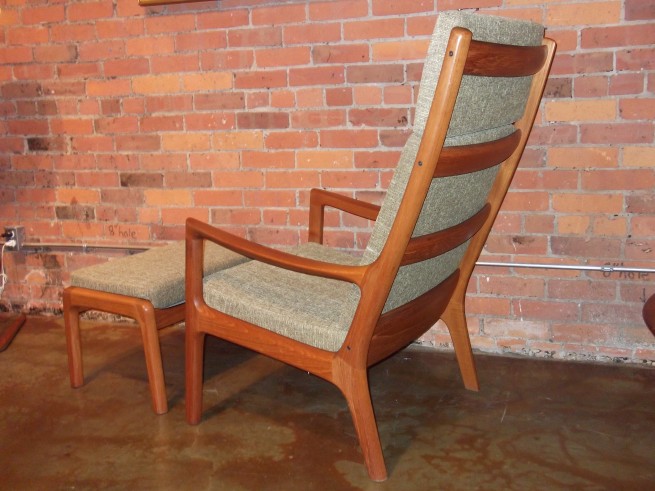 Outstanding Mid-century modern teak high back lounge chair and ottoman designed by Ole Wanscher for Cado ( previously) France & Son - incredibly well made - newly upholstered in a quality soft light green fabric and all new foam - very comfortable - $1500 each 2 available