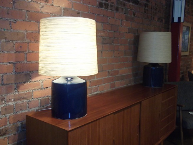Pair of original vintage Lotte lamps with original shades,beautiful deep blue glaze $700/pair
