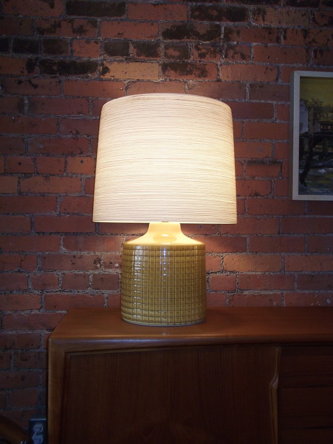 Gorgeous Mid-century modern Lotte Bostlund ceramic lamp - unique textured small square pattern - comes with it's original fiberglass shade - this beauty stands - 26.5"H - $375