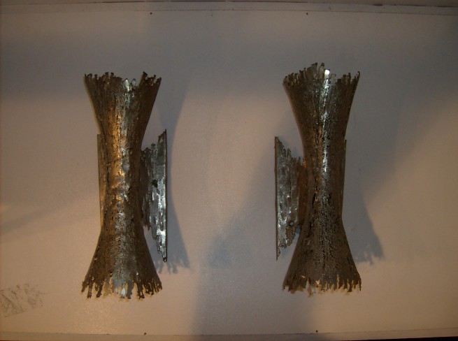 Extraordinary Mid-century modern Abstract metal art wall sconces in the BRUTALIST style - signed Melondy - RARE - ONE OF A KIND - $300/pair