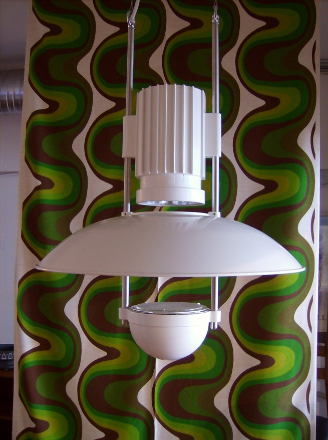 Louis Poulsen Airport pendant light - design year - 1960 - Originally designed for the Munich airport - Creates direct &indirect light - Choice of wide & Narrow beam spread - it is white powder coated , anodized aluminum - AMAZING - 24"diameter (huge) x 35"tall - $450