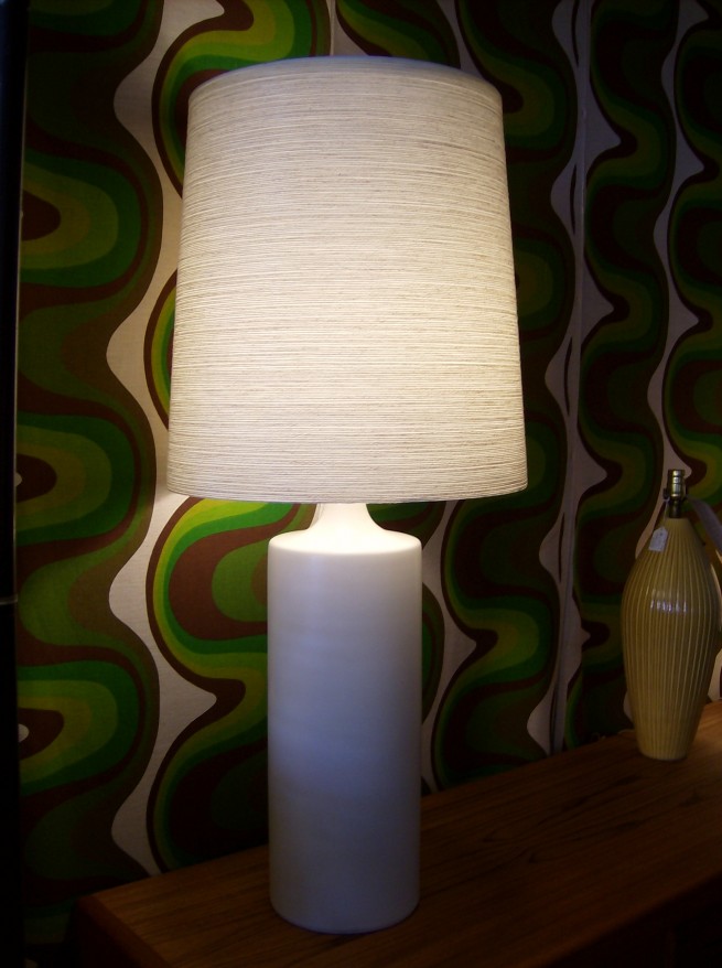 Stunning ceramic lamp with it's original fiberglass and spun impregnated yarn shade - designed by husband and wife team Lotte and Gunnar Bostlund - made in Canada - 1960's - this lamps is very large, it stands 41" tall including the shade - (this beauty has presence, that is for sure - $355