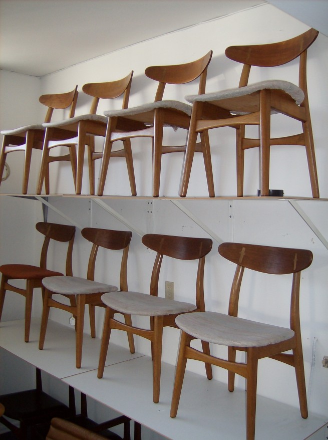 Unbelievably stunning set of 8 Danish teak dining chairs designed by Hans J. Wegner for Carl Hansen & Son  - design year 1952 - superb craftsmanship - original fabric underneath this new upholstery -  extraordinary price - $2400/set of 8
