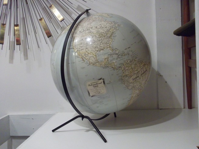 OH WOW - One of the coolest vintage globes we've ever seen - 1950's Atomic inflatable(thick vinyl) world globe on a wrought iron 3 legged stand - made for a short time by C.S Hammond & Co. - New York City - 18"GLOBE - HOLD