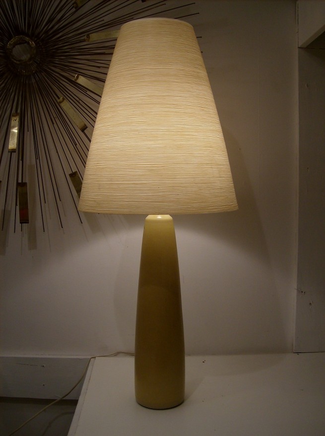 Stunning 1960's ceramic lamp w/original fiberglass shade by designers - husband and wife team Lotte and Gunnar Bostlund - incredible light they give - gorgeous soft yellow matte glaze - please ask for a closeup - a must have for lovers of Mid-century modern - this beauty stands 34" tall including the shade - (SOLD)
