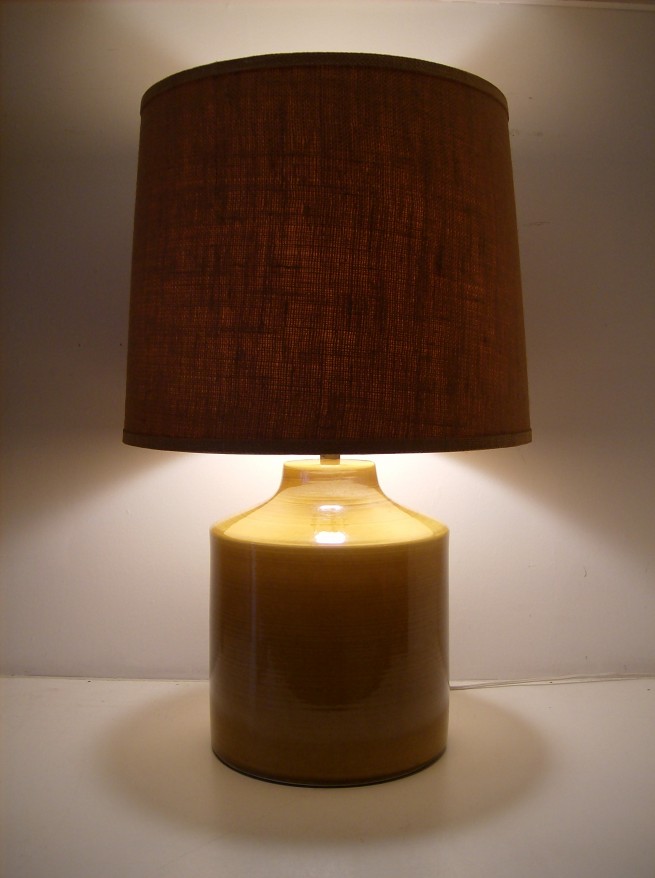 Stunning 1960's designer Lotte Bostlund ceramic lamp with a period appropriate burlap shade - gorgeous mustard yellow - please ask for additional close-up pics as you will want to see the detail - this beauty stands - 27.5"tall with the shade - $225