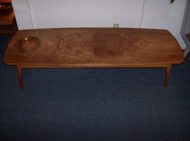 Extraordinary Bird's eye maple? Mid-century modern floating coffee table w/metal round insert for a plant perhaps(a succulent would look fantastic) - gorgeous wood grain - please ask for more photos.. it is a mind-blower - 72"L x 26.25"D x 16"H - $675