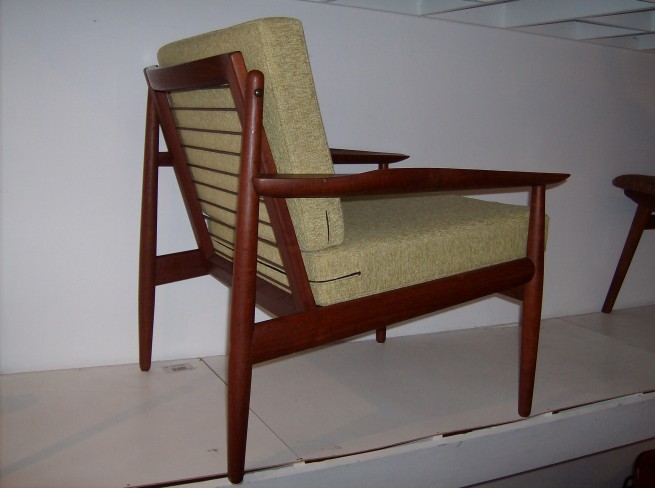 Incredibly Striking Danish teak easy chair - manufactured by Glostrup - Denmark - gorgeous condition and very well made - you can't see it in the photo very well, but the arm has an extraordinary curve on it - recently recovered in a beautiful neutral fabric - $695