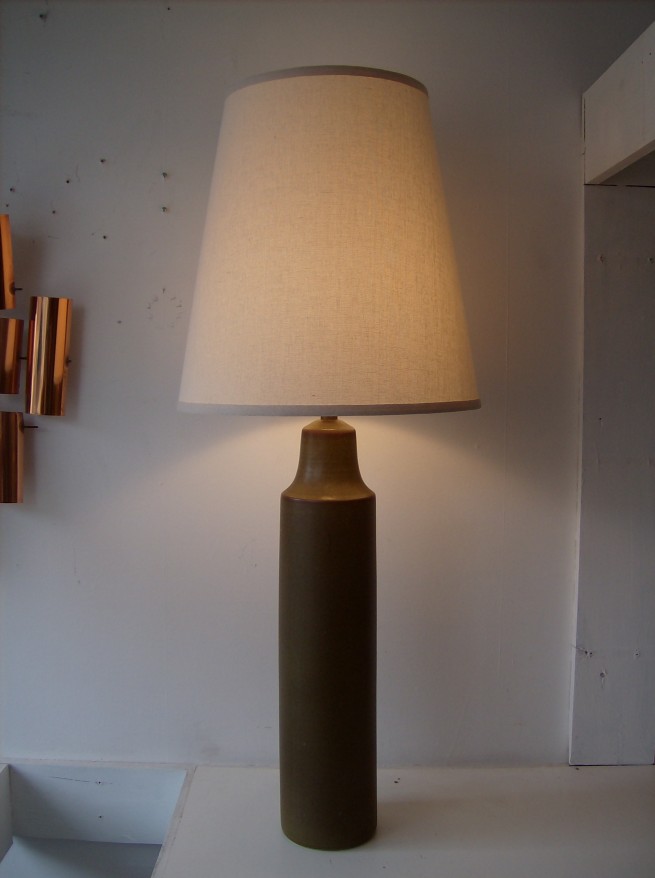 Spectacular early designer Lotte Bostlund ceramic lamp - gorgeous glaze - swampy green/with hits of brown - this one is super tall - comes with a new custom - size appropriate shade - this beauty stands 39" tall -$345