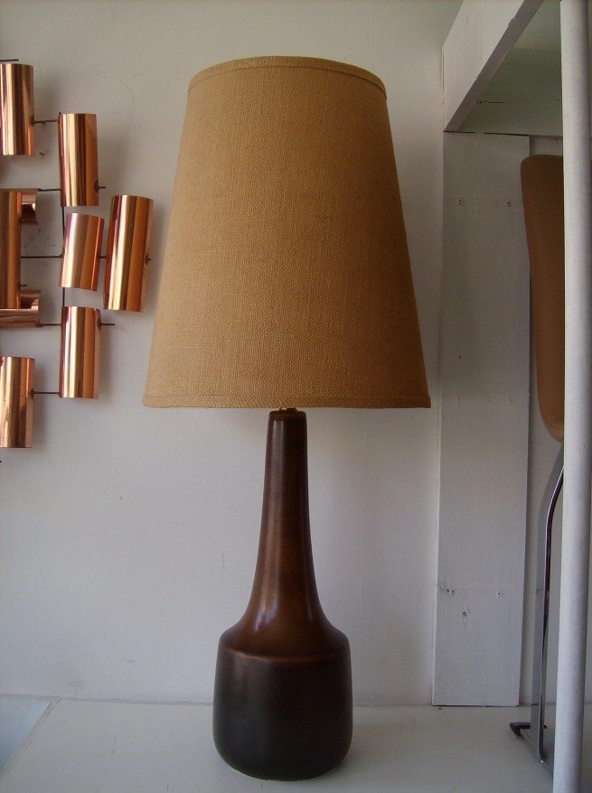 Incredibly Handsome ceramic lamp designed and made by Lotte Bostlund with an age appropriate burlap lamp shade - stunning glaze (ask for close-ups) - $265