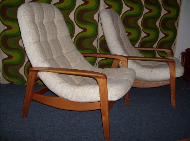 Pair of R.Huber & Co. scoop lounge chairs - oatmeal upholstery - need a good cleaning - otherwise FABULOUS - incredibly comfortable - SOLD 