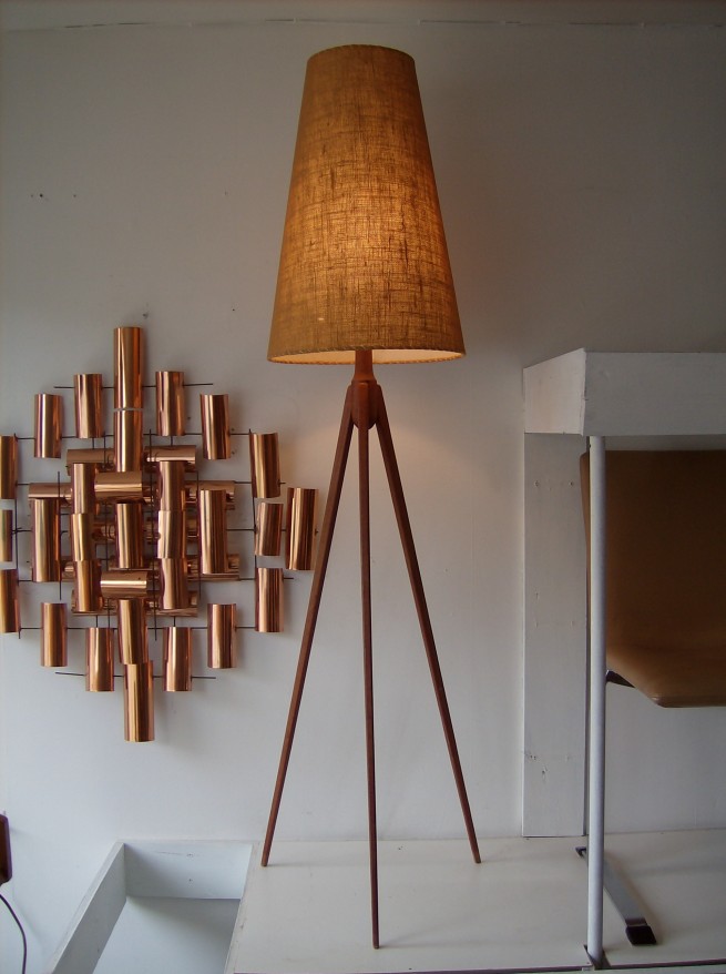 Exceptional Mid-century modern tripod teak floor lamp - the pic says it all - stands 65"tall including the shade - $475
