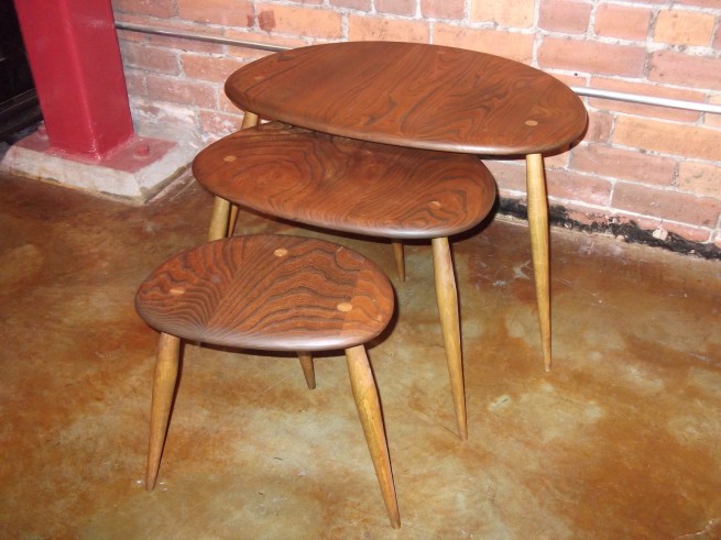 Spectacular set of nesting tables - solid wood - design year - 1956 - made by Ercol - UK - incredible quality - outrageously cool - A RARE FIND indeed - $550/set