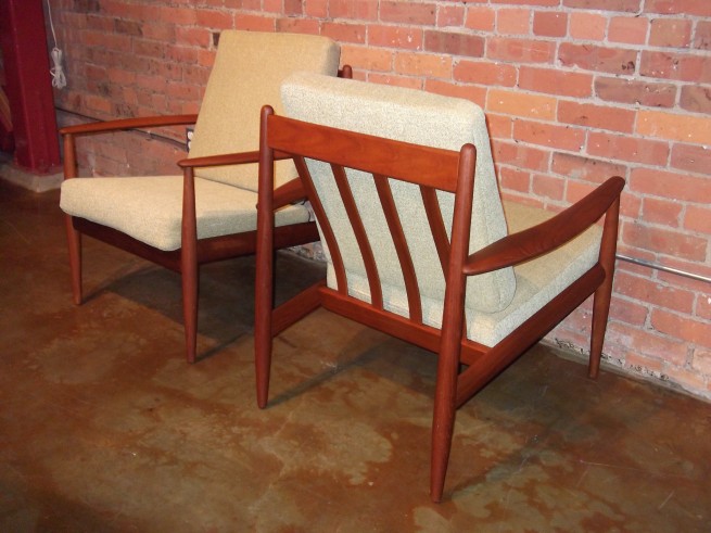 Outstanding pair of lounge chairs designed by Grete Jalk for France & Son - incredible condition - newly re-upholstered in a quality fabric - love her signature cigar arms - so beautiful - (SOLD)
